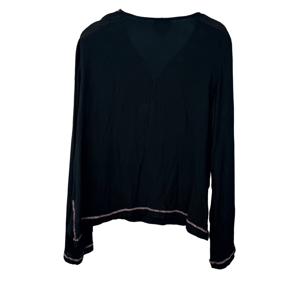 Passport Plus Peasant Top Women 1X Black Pink Embroidered V-Neck Long Sleeve - Picture 2 of 8